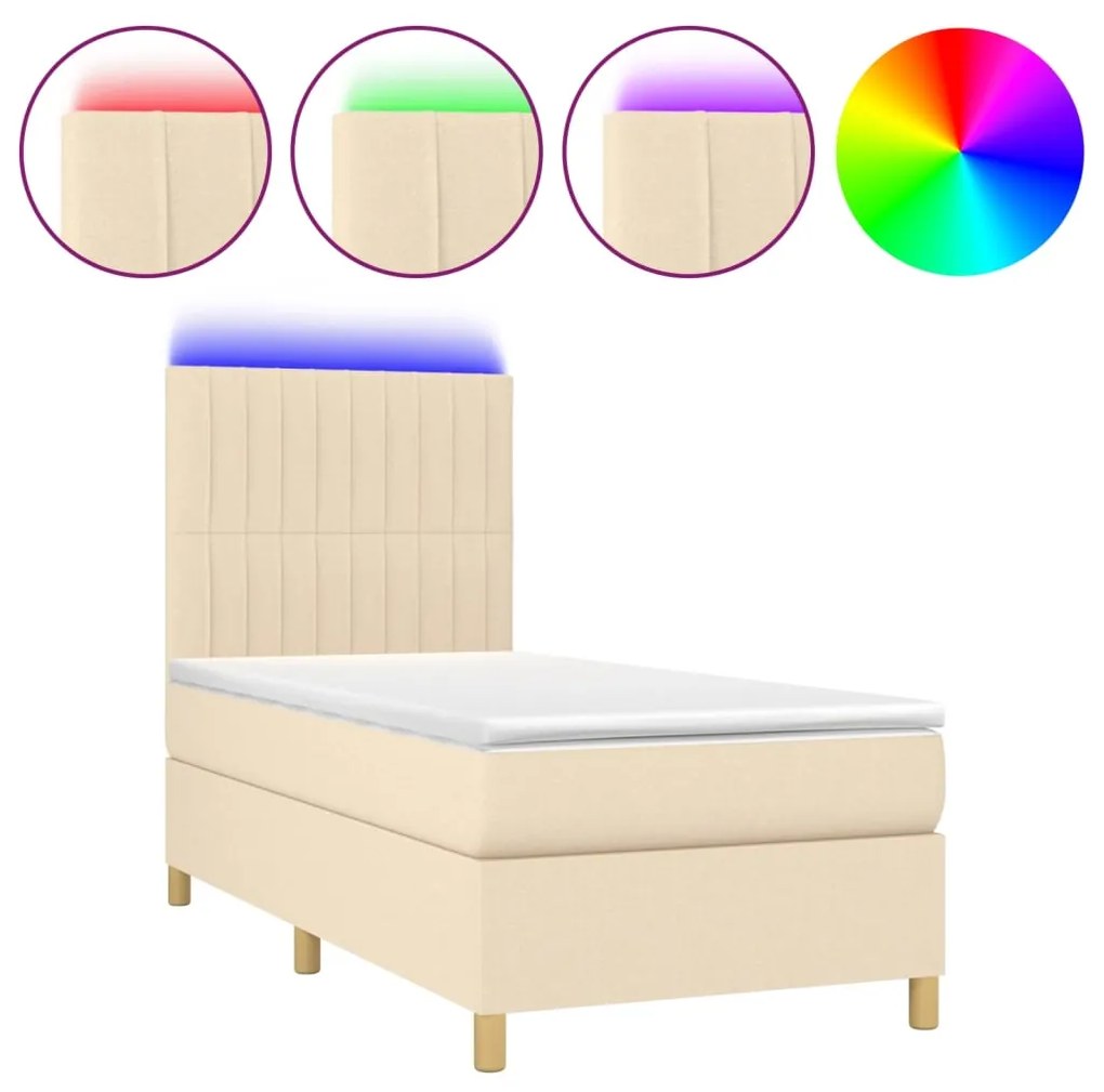 vidaXL Κρεβάτι Boxspring με Στρώμα & LED Κρεμ 90x200 εκ. Υφασμάτινο