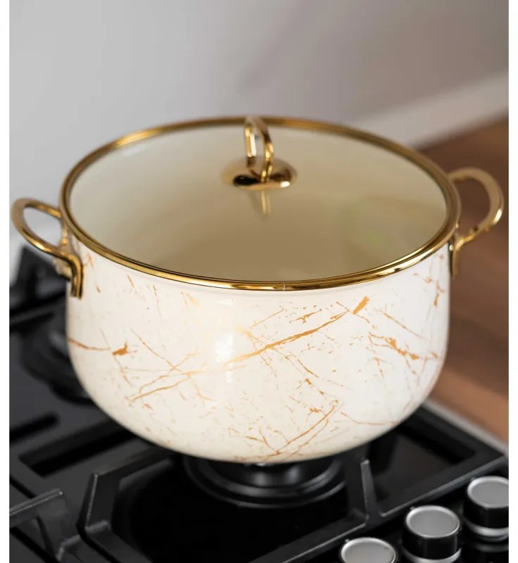 Κατσαρόλα Goldmann GM 8017-26B, 8.5L, 26x16cm, Εμαγιέ, Αντικολλητική επίστρωση, Επαγωγή, Χρυσό/Μάρμαρο