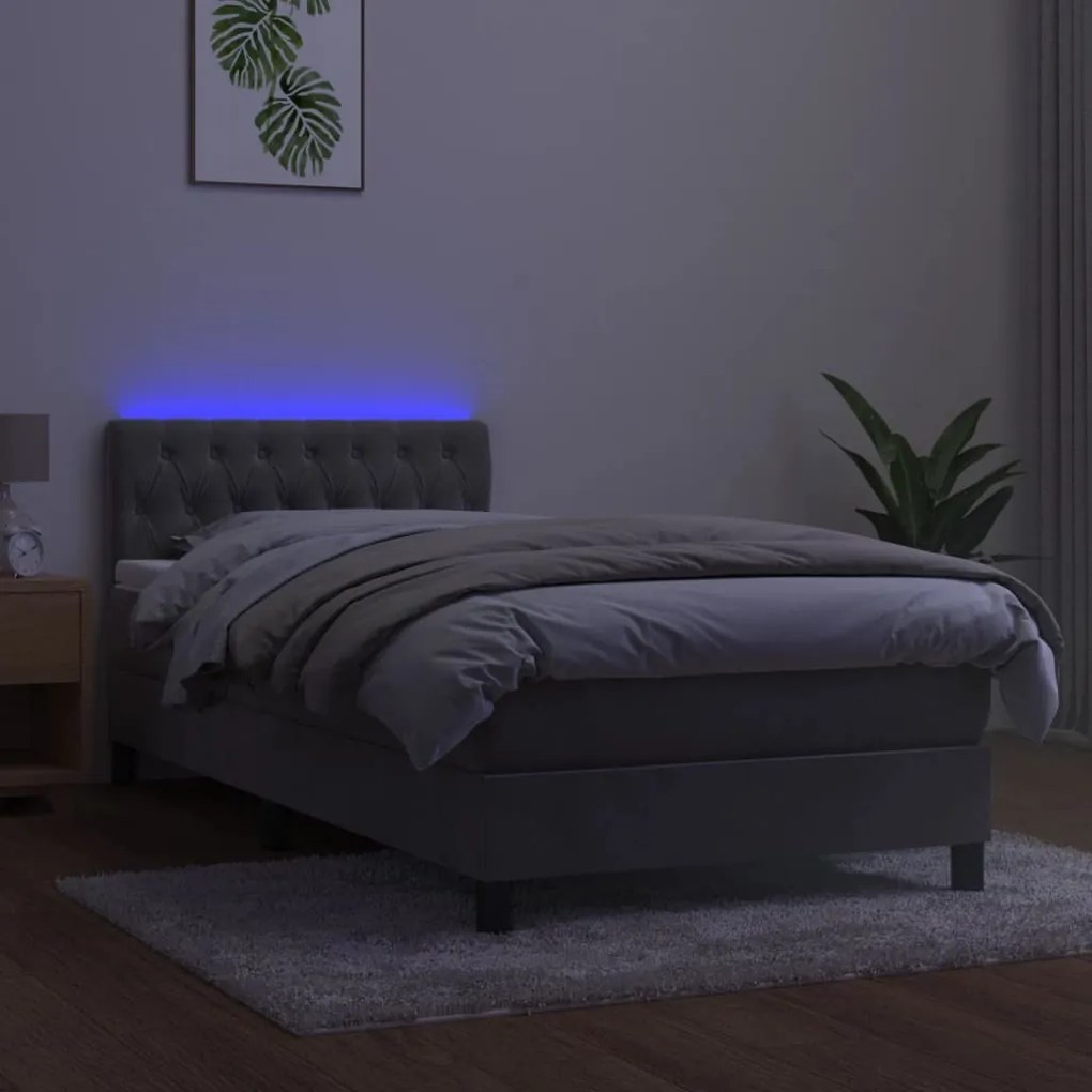 vidaXL Κρεβάτι Boxspring με Στρώμα & LED Αν.Γκρι 100x200 εκ. Βελούδινο