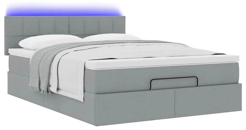 vidaXL Οθωμανικό κρεβάτι με στρώμα & LEDs Ανοιχτό γκρι ύφασμα