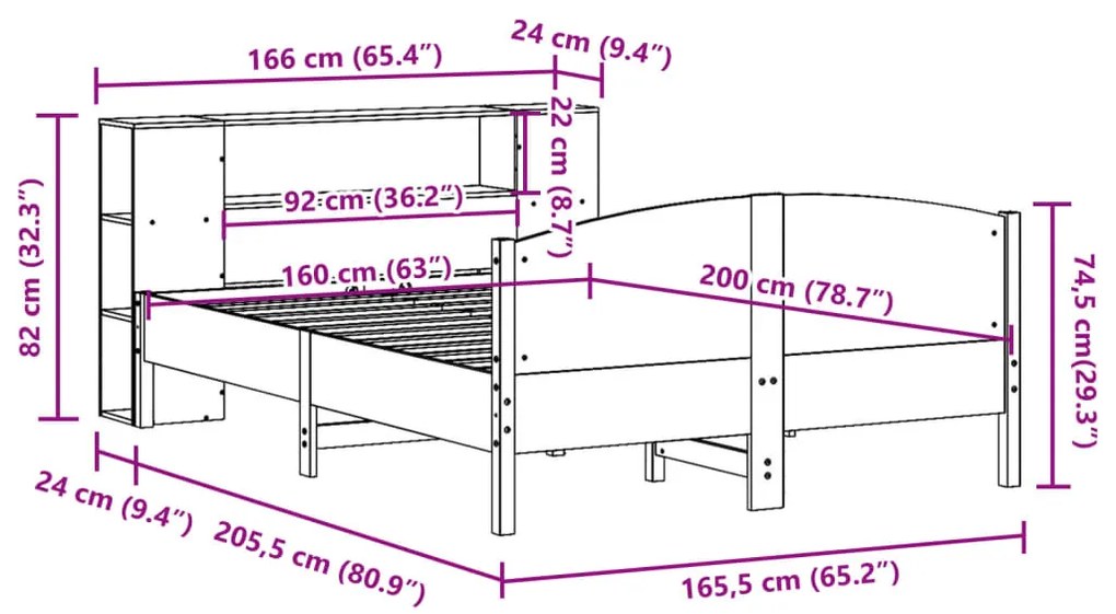 Κρεβάτι Βιβλιοθήκη Χωρίς Στρώμα 160x200 εκ Μασίφ Ξύλο Πεύκου - Λευκό