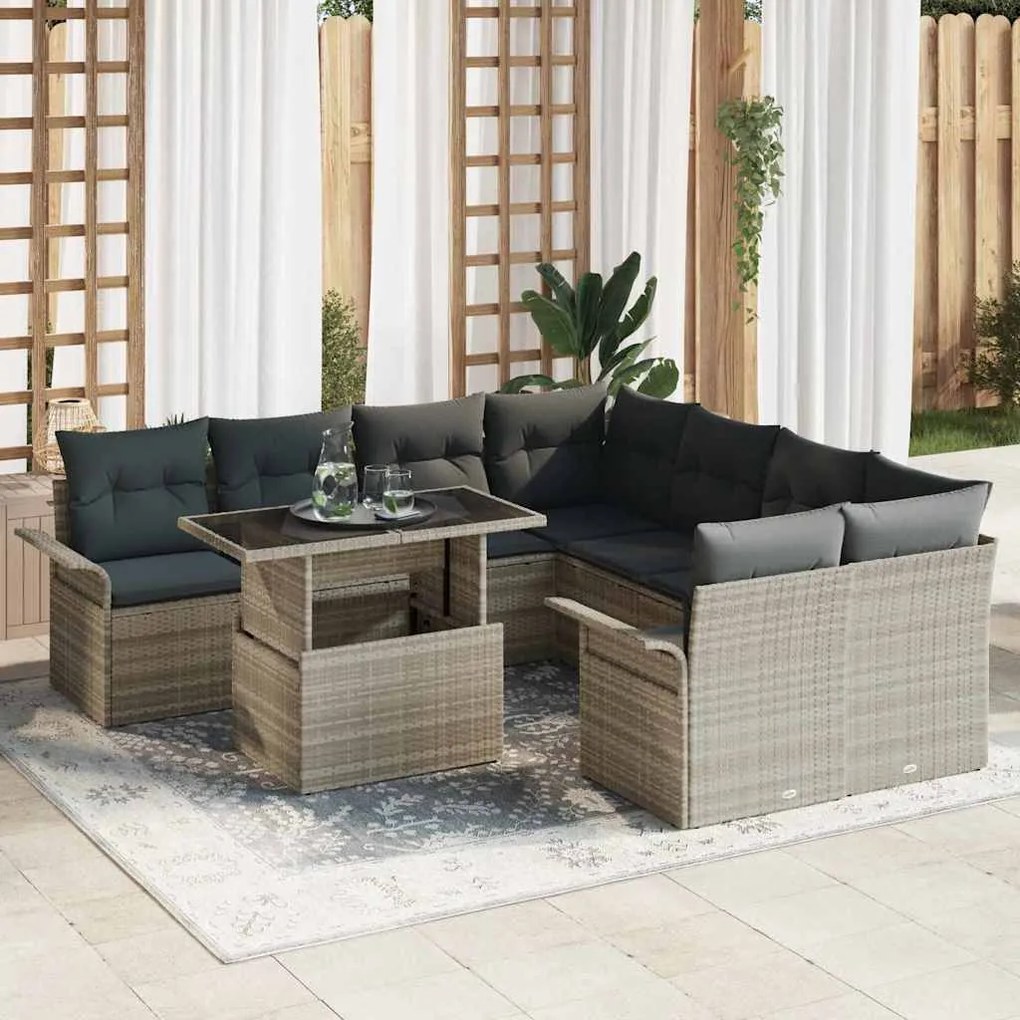 vidaXL Σετ Καναπέ Κήπου με μαξιλάρι 9 pcs Ανοιχτό γκρι Πολυ ράταν