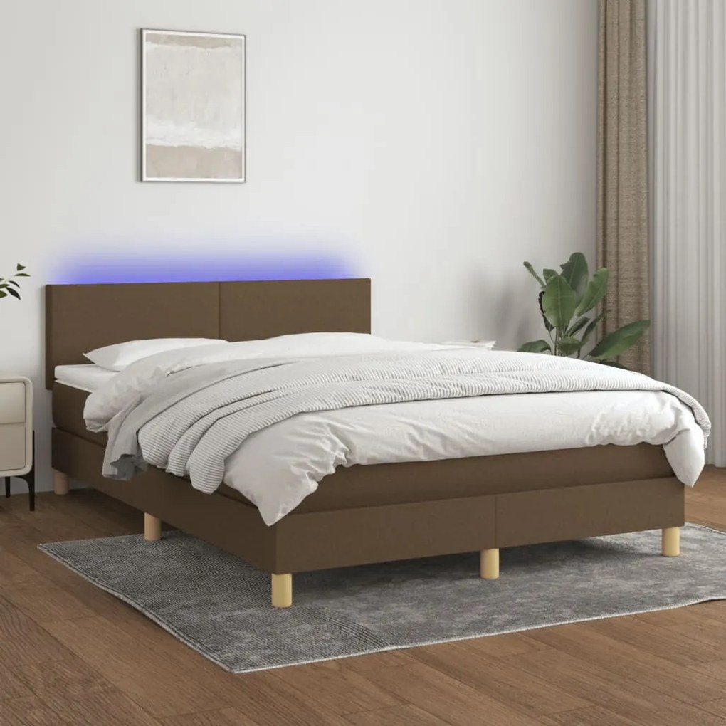 Κρεβάτι Boxspring με Στρώμα &amp; LED Σκ.Καφέ 140x200 εκ Υφασμάτινο - Καφέ