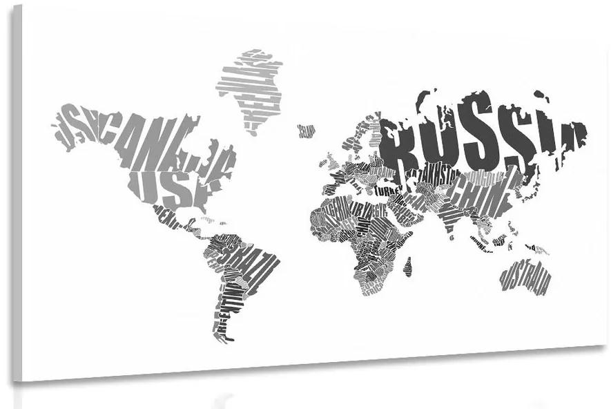Εικόνα παγκόσμιου χάρτη από επιγραφές σε ασπρόμαυρο - 60x40