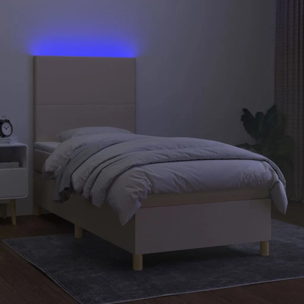 Κρεβάτι Boxspring με Στρώμα &amp; LED Κρεμ 90x200 εκ. Υφασμάτινο - Κρεμ