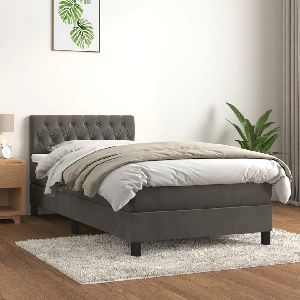 Κρεβάτι Boxspring με Στρώμα Σκούρο Γκρι 100x200 εκ. Βελούδινο