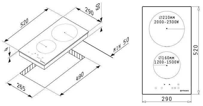 Εστία επαγωγική Pyramis Αφής χωρίς Πλαίσιο PHI32230FMB 29x52x6 εκ.