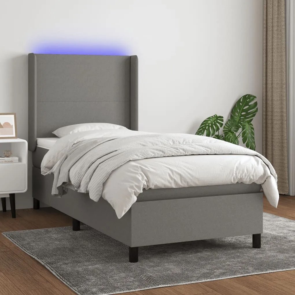 Κρεβάτι Boxspring με Στρώμα &amp; LED Σκ.Γκρι 90x200 εκ. Υφασμάτινο - Γκρι