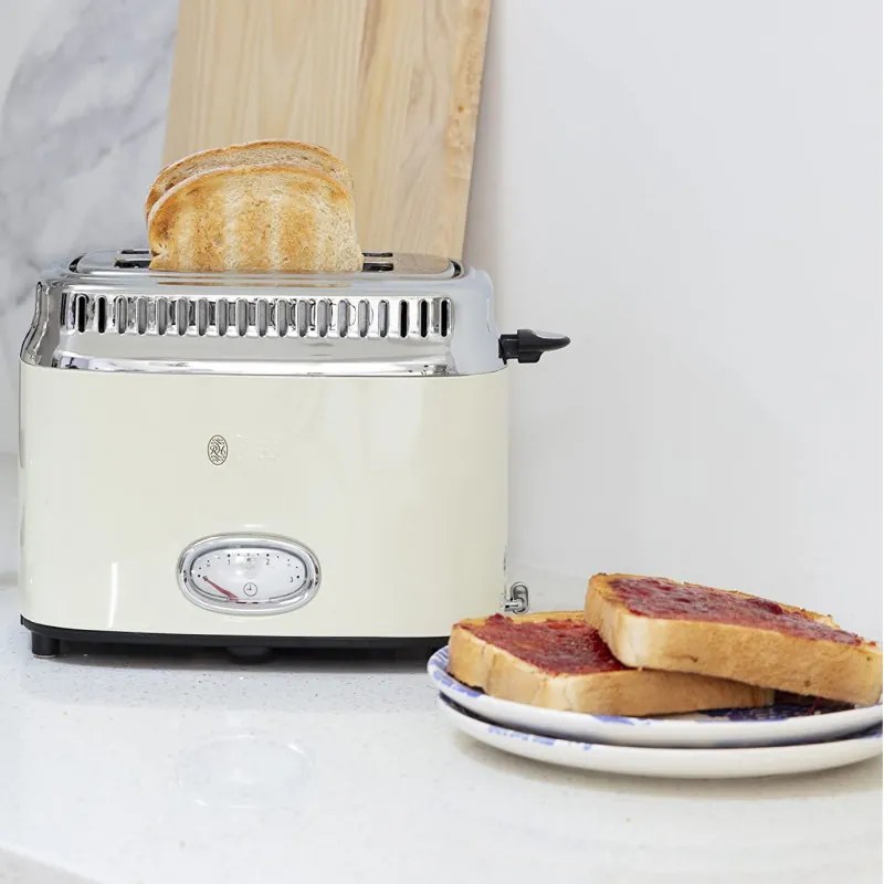 Russell Hobbs Retro Vintage Κρέμα Τοστιέρα 21682-56, 1300W, 2 φέτες, 6 επίπεδα, Κλίμακα ένδειξης ρετρό, Lift & Look, Γρήγορη φρυγανιά, Κρέμα/Inox