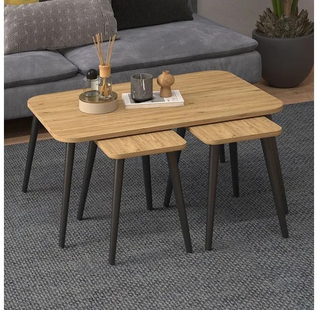 Τραπεζάκι Σαλονιού Σετ 3 Τμχ Oliva Oak 90x55x46 GP022-0086,2 Megapap GP022-0086,2 Καφέ