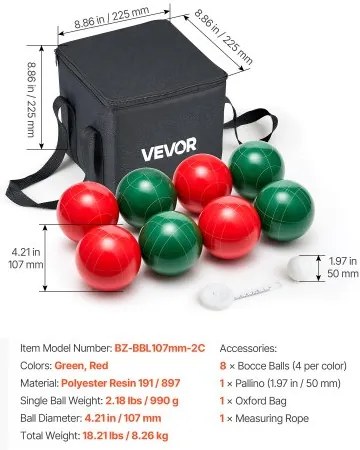 VEVOR Bocce Ball Set Bocce Ball Game Set 107 mm 8 Resin Balls 2 Colors for Beach