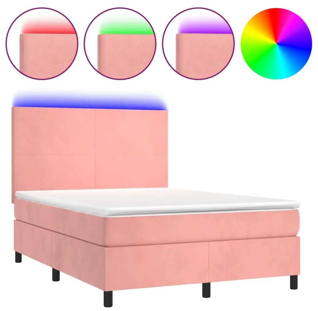 Κρεβάτι Boxspring με Στρώμα &amp; LED Ροζ 140x200 εκ. Βελούδινο - Ροζ