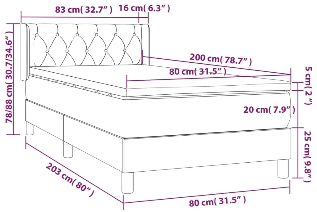 vidaXL Κρεβάτι Boxspring με Στρώμα Ανοιχτό Γκρι 80x200 εκ. Υφασμάτινο