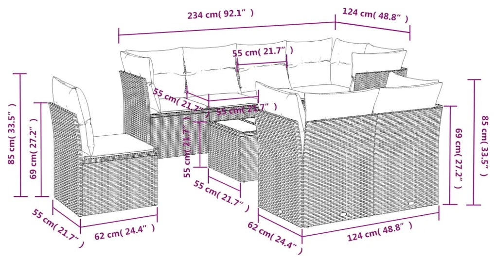 vidaXL Σαλόνι Κήπου Σετ 9 Τεμαχίων Μαύρο από Συνθ. Ρατάν με Μαξιλάρια