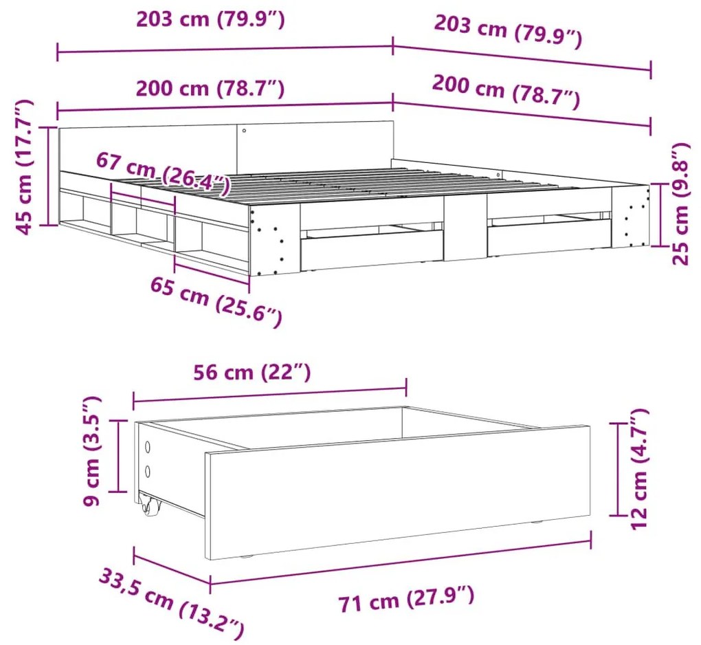 Πλαίσιο Κρεβατιού με Συρτάρια Μαύρο 200x200 εκ Επεξεργ. Ξύλο - Μαύρο