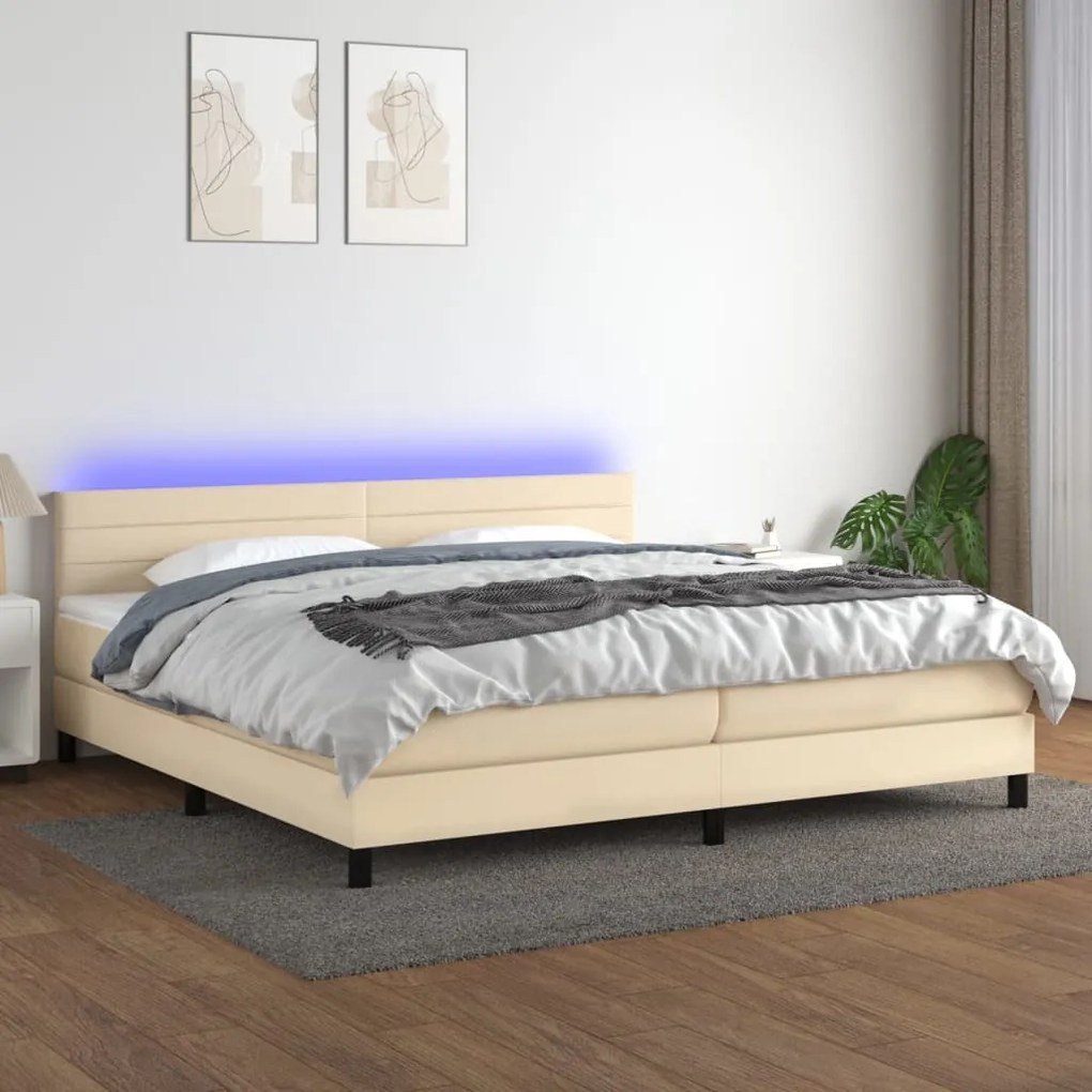 Κρεβάτι Boxspring με Στρώμα &amp; LED Κρεμ 200x200 εκ. Υφασμάτινο