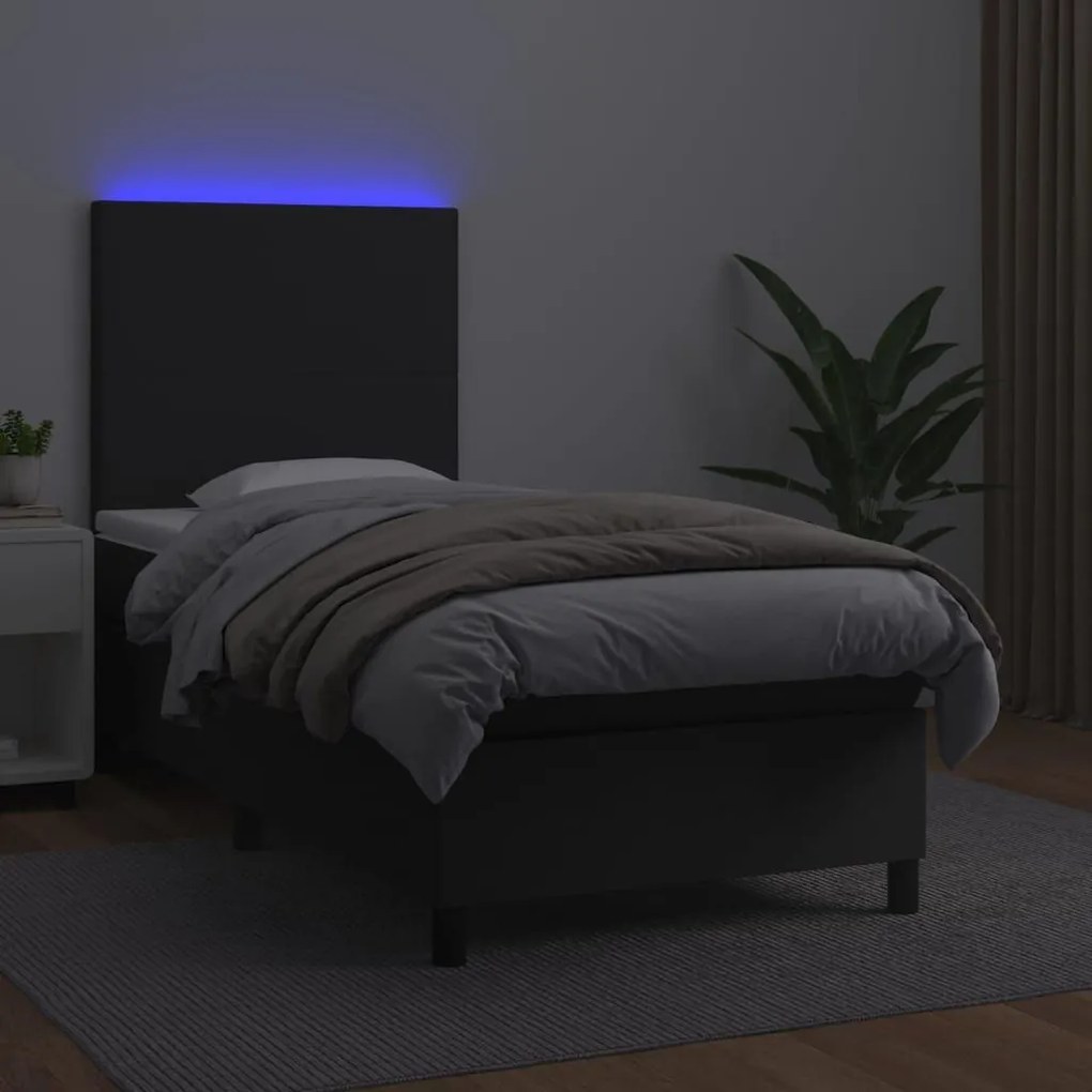 Κρεβάτι Boxspring με Στρώμα &amp; LED Μαύρο 80x200 εκ. Συνθ. Δέρμα - Μαύρο