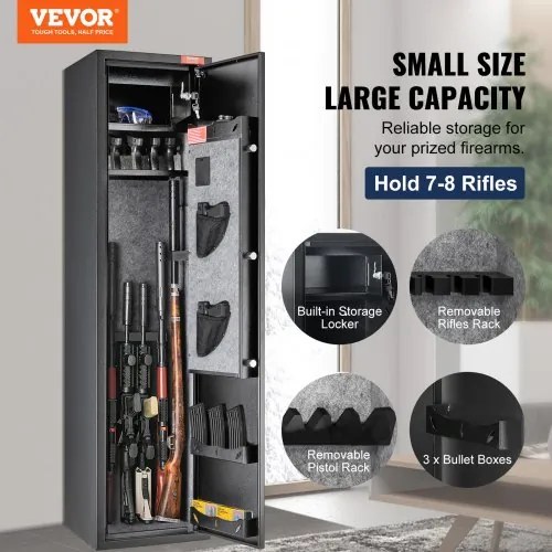 VEVOR 7-8 Rifles Gun Safe, Rifle Safe with Digital Keypad &amp; Lock, Gun Storage Cabinet for Shotguns with Built-in Storage Locker, Removable Storage Shelf for Home Long Gun and Pistols