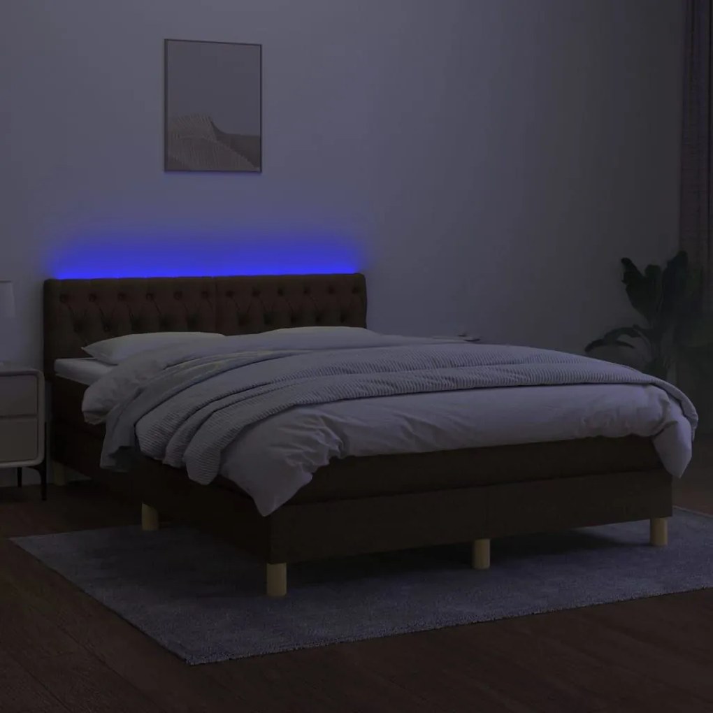 Κρεβάτι Boxspring με Στρώμα &amp; LED Σκ.Καφέ 140x200 εκ Υφασμάτινο - Καφέ