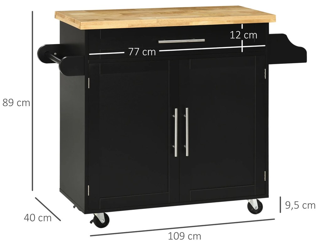 HOMCOM Τρόλεϊ Κουζίνας, Νησίδα Κουζίνας, 1 ράφι μπαχαρικών, 1 κρεμάστρα πετσετών, 109 cm x 40 cm x 89 cm, Μαύρο