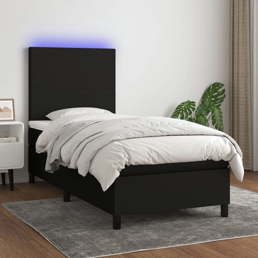 Κρεβάτι Boxspring με Στρώμα &amp; LED Μαύρο 90x190 εκ. Υφασμάτινο