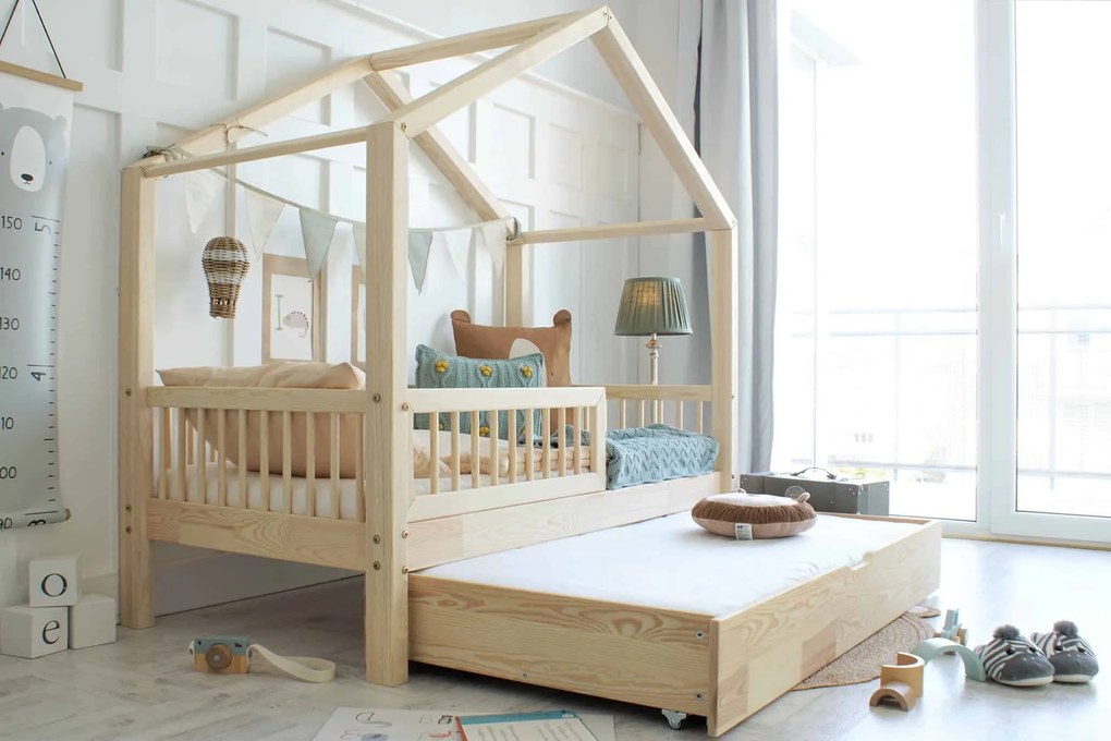 Κρεβάτι Παιδικό Montessori  House Bed  Plus με κάγκελα 23cm  + Συρτάρι  σε Φυσικό  Ξύλο  90×200cm  Luletto (Δώρο 10% έκπτωση στο Στρώμα)