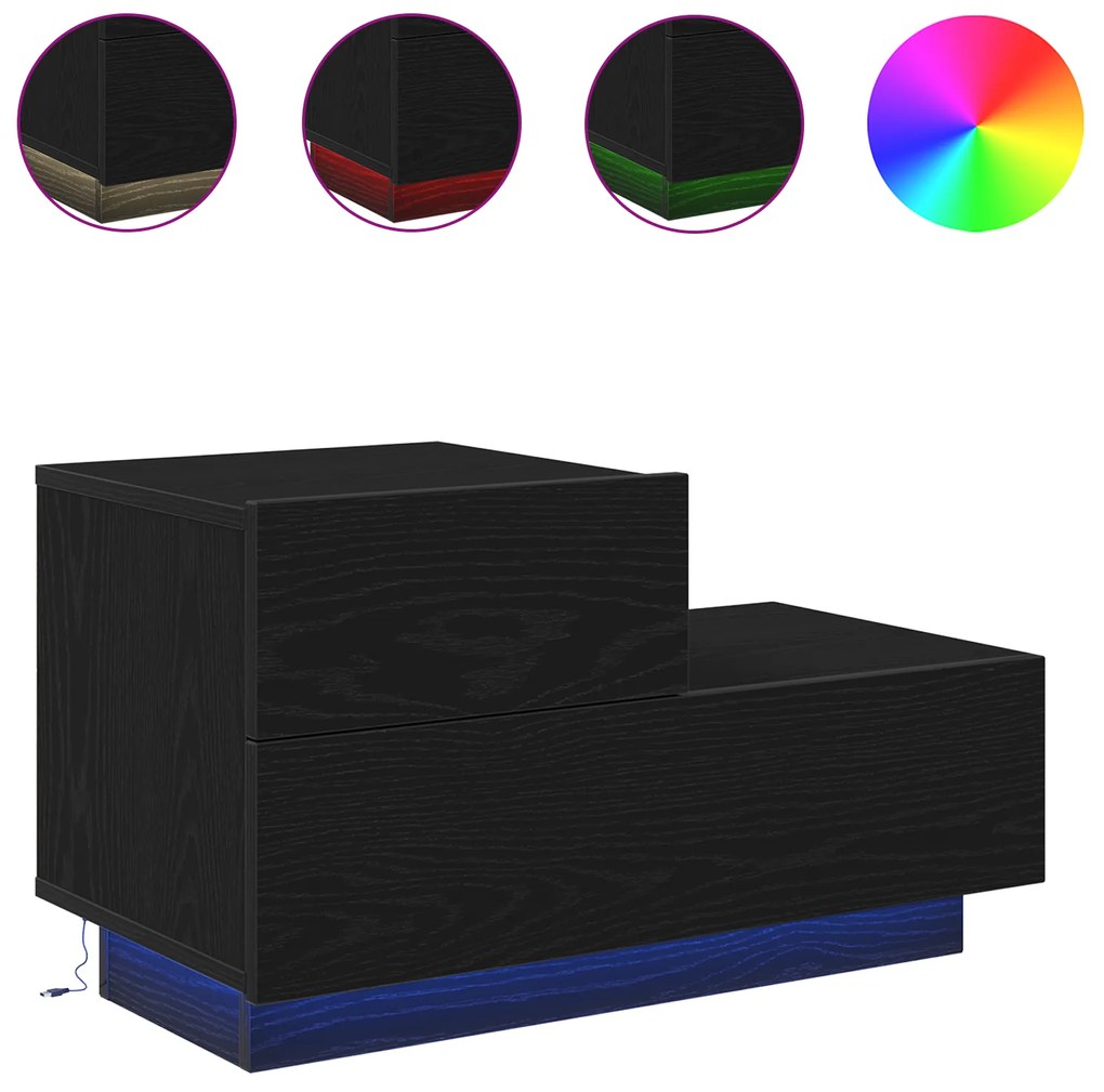 vidaXL Κομοδίνο με LED Φώτα Μαύρη Ξυλεία 70 x 36 x 40.5 εκ.
