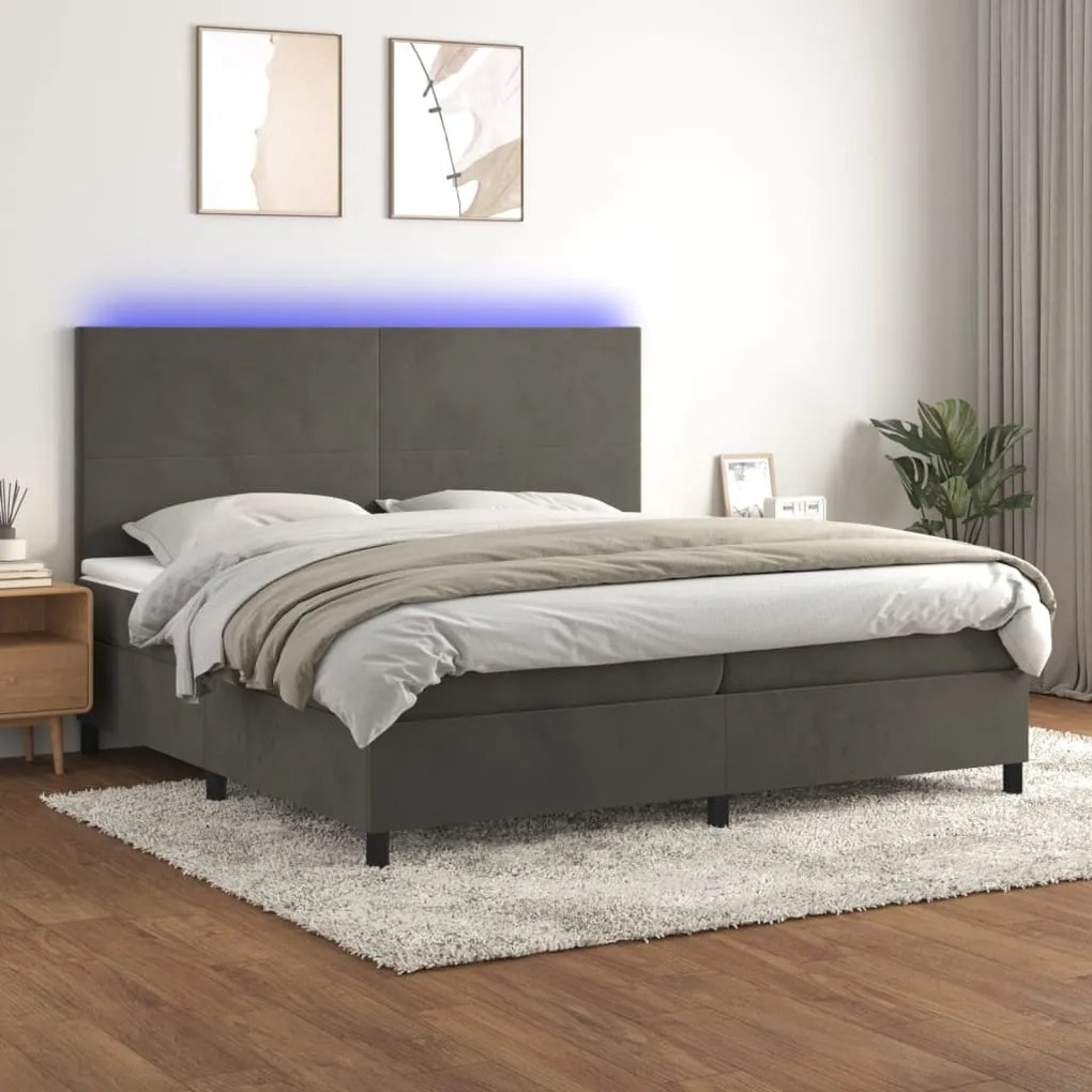 Κρεβάτι Boxspring με Στρώμα &amp; LED Σκ. Γκρι 200x200εκ. Βελούδινο