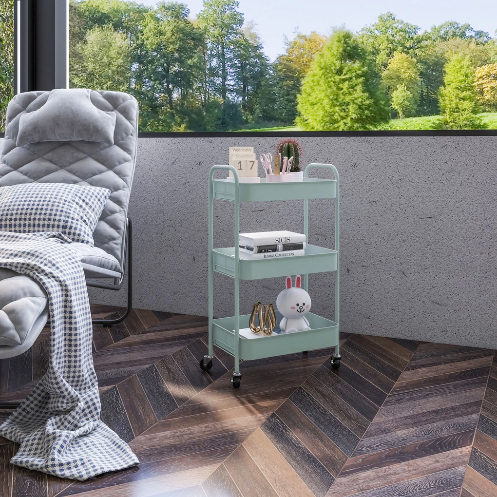 HOMCOM Πολυλειτουργικό καρότσι, καρότσι κουζίνας, 3 ράφια, 4 τροχοί, 45 cm x 30,6 cm x 79 cm, Ανοιχτό μπλε