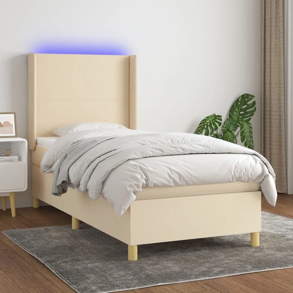 Κρεβάτι Boxspring με Στρώμα &amp; LED Κρεμ 90x190 εκ. Υφασμάτινο - Κρεμ