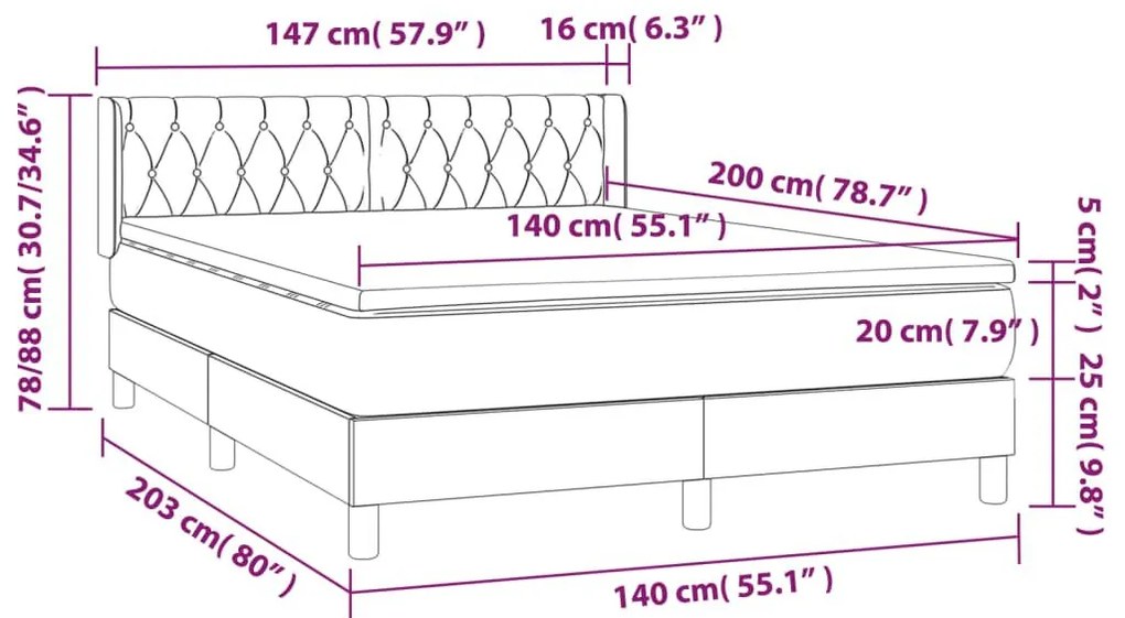 Κρεβάτι Boxspring με Στρώμα Σκούρο Γκρι 140x200 εκ. Βελούδινο - Γκρι