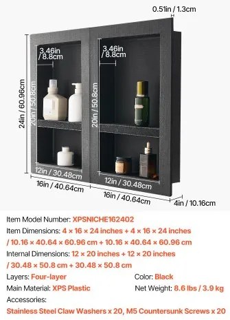 VEVOR Shower Niche 40.6 x 61+40.6 x 61 cm Recessed Wall Organizer Bathroom