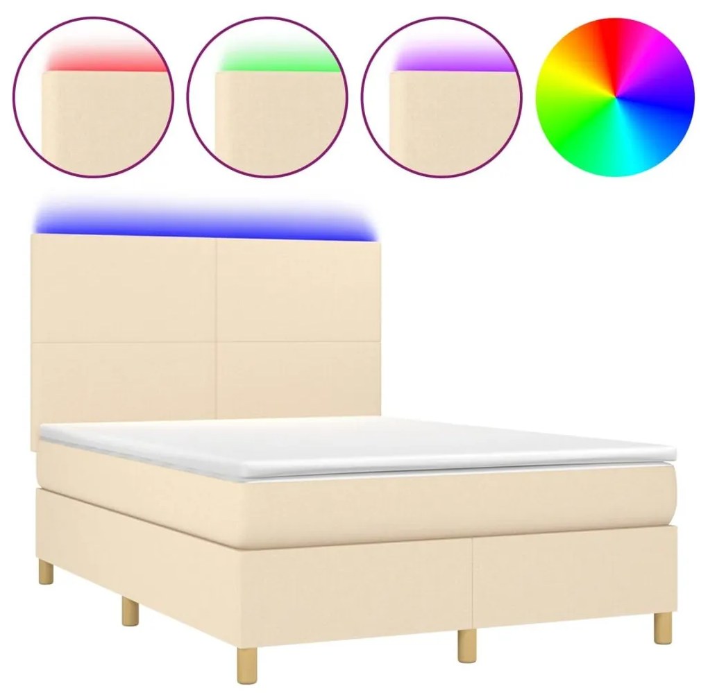 Κρεβάτι Boxspring με Στρώμα &amp; LED Κρεμ 140x190 εκ. Υφασμάτινο - Κρεμ