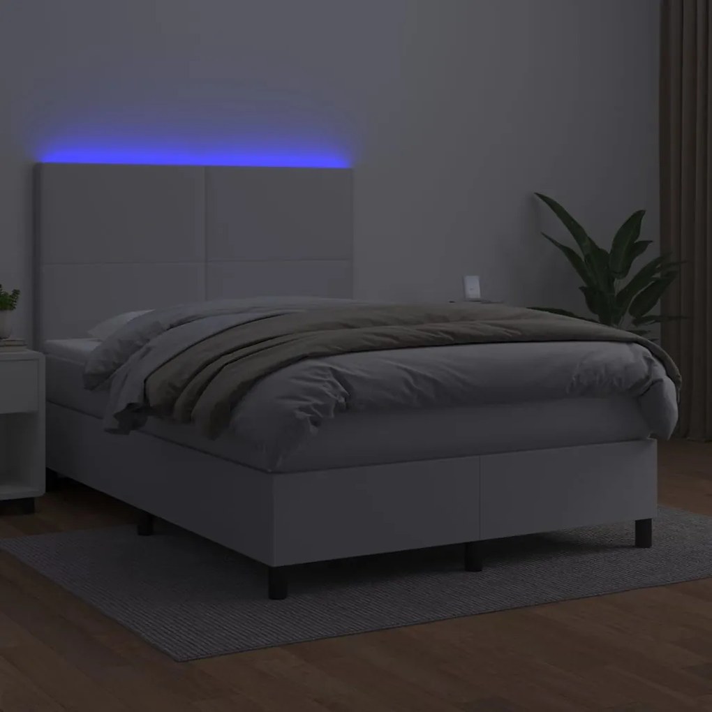 Κρεβάτι Boxspring με Στρώμα &amp; LED Λευκό 140x200 εκ. Συνθ. Δέρμα - Λευκό