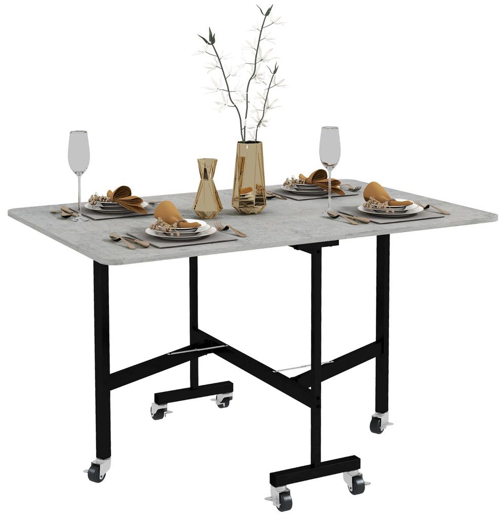 HOMCOM Τραπέζι τραπεζαρίας για 4-6 άτομα, Πτυσσόμενο τραπέζι με ροδάκια, Ατσάλινο πλαίσιο, 52,5-120 x 80 x 73 cm, Γκρι