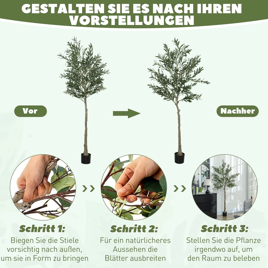 HOMCOM Τεχνητό δέντρο, Τεχνητή ελιά, 180 cm, 900 φύλλα, 40 ελιές, σταθερή γλάστρα, διακοσμητικό φυτό, πράσινο