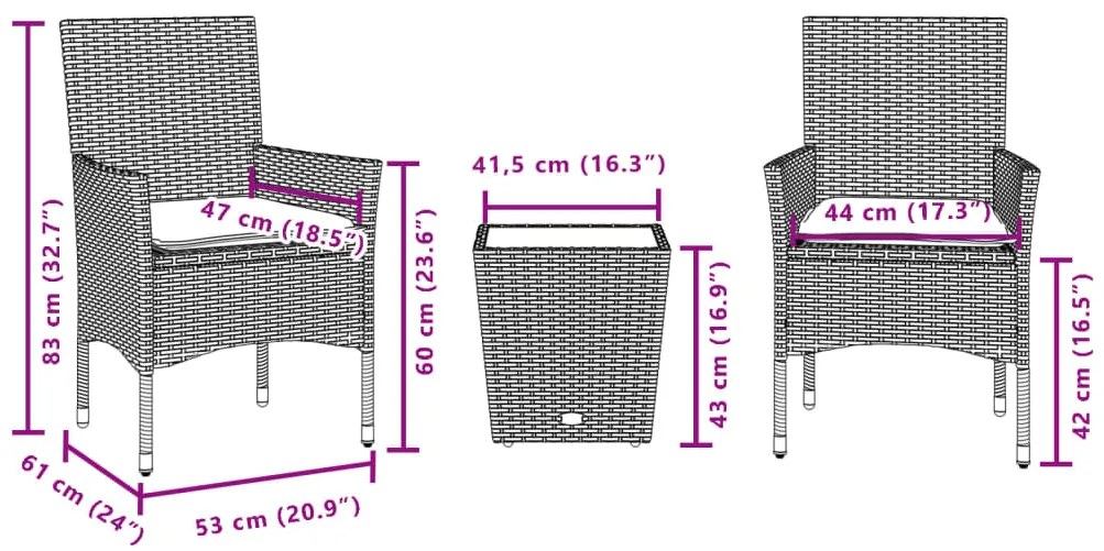 vidaXL Σετ Επίπλων Bistro 3 τεμ. Μαύρο Συνθ. Ρατάν/Γυαλί με Μαξιλάρια