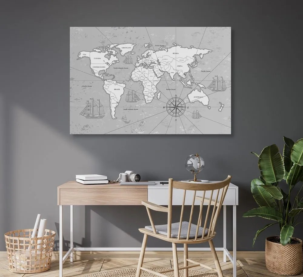 Εικόνα στο φελλό ενός ενδιαφέροντος ασπρόμαυρου χάρτη του κόσμου - 90x60  place
