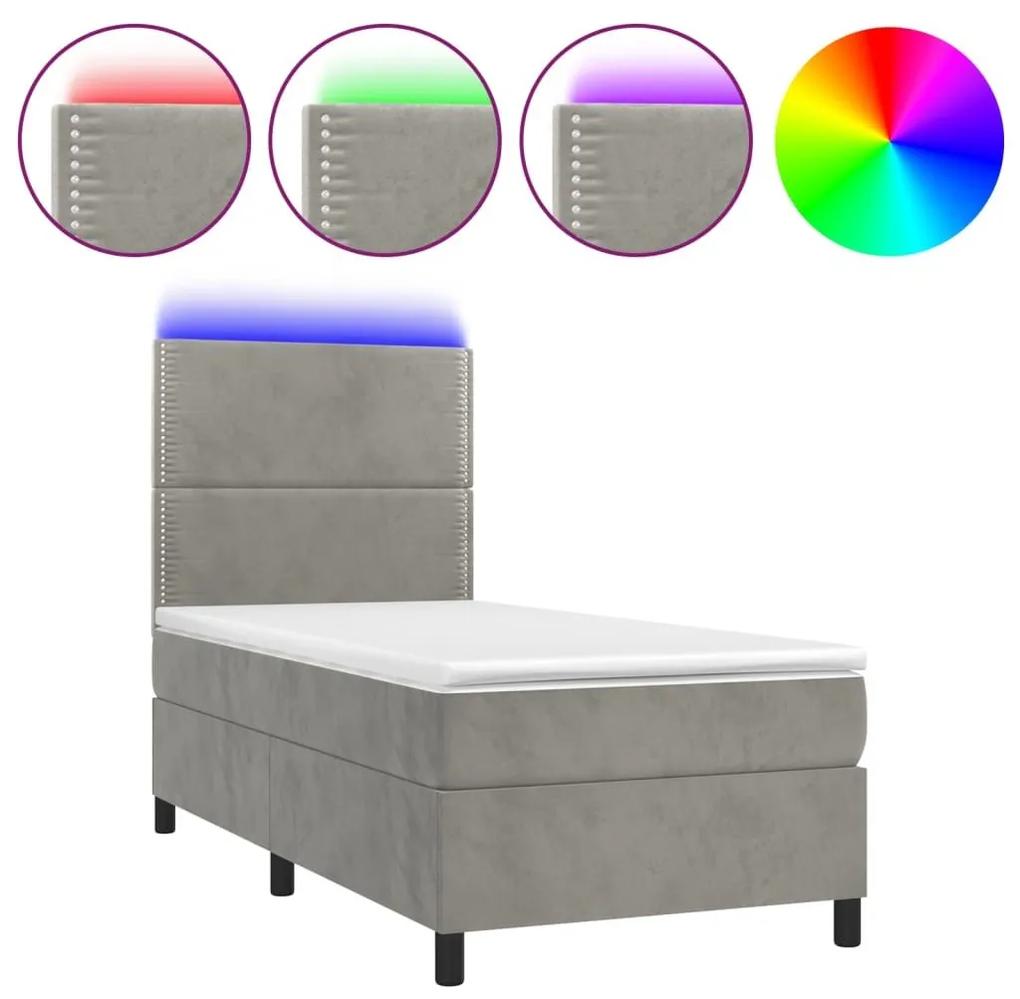 Κρεβάτι Boxspring με Στρώμα &amp; LED Αν.Γκρι 90x190 εκ. Βελούδινο - Γκρι