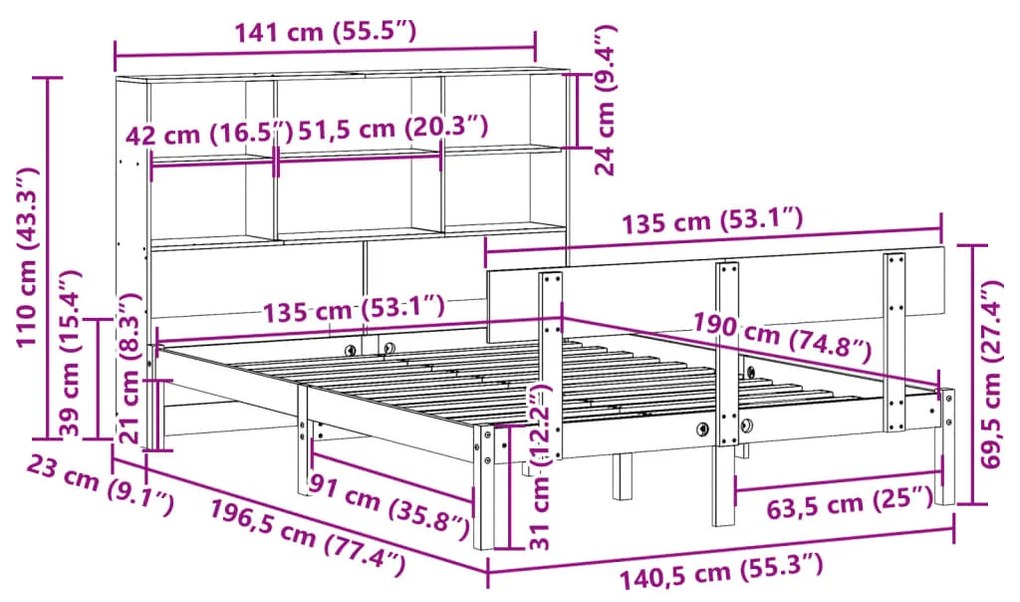 Κρεβάτι Βιβλιοθήκη Χωρίς Στρώμα Λευκό 135x190 εκ Μασίφ Πεύκο - Λευκό