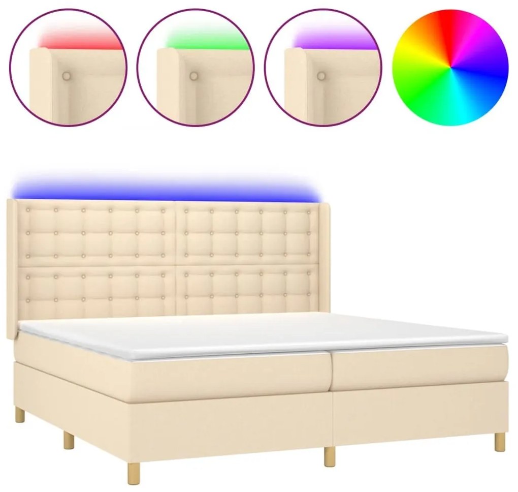 Κρεβάτι Boxspring με Στρώμα &amp; LED Κρεμ 200x200 εκ. Υφασμάτινο - Κρεμ