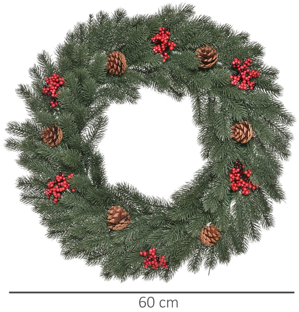 HOMCOM Στεφάνι πεύκου Στεφάνι πόρτας Χριστουγεννιάτικο στεφάνι Πίσω με θηλιά ανάρτησης PE Πράσινο Ø60 x 8 cm