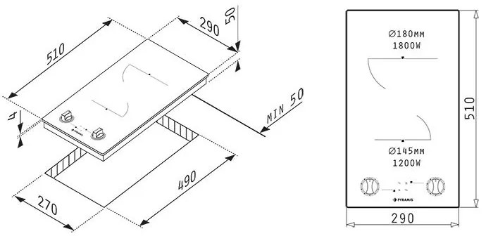 Εστία κεραμική Pyramis με Κομβία χωρίς Πλαίσιο PHC31213FMB