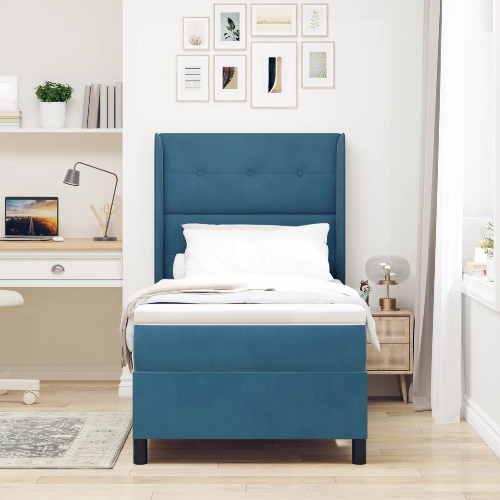vidaXL Κρεβάτι Box Spring με Στρώμα & LED Σκούρο Μπλε 90x200 εκ Βελούδο