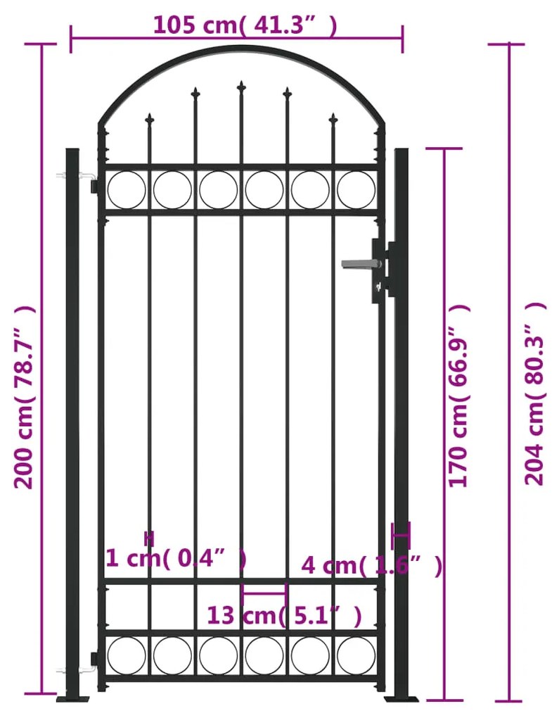 vidaXL Καγκελόπορτα με Αψιδωτή Κορυφή και 2 Στύλους Μαύρη 105x204 εκ.