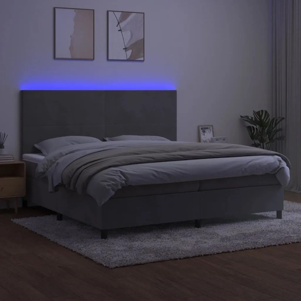 vidaXL Κρεβάτι Boxspring με Στρώμα &amp; LED Αν.Γκρι 200x200 εκ. Βελούδινο