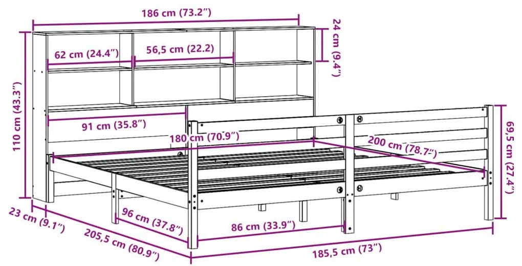 Κρεβάτι Βιβλιοθήκη Χωρίς Στρώμα 180x200 εκ Μασίφ Ξύλο Πεύκου - Καφέ