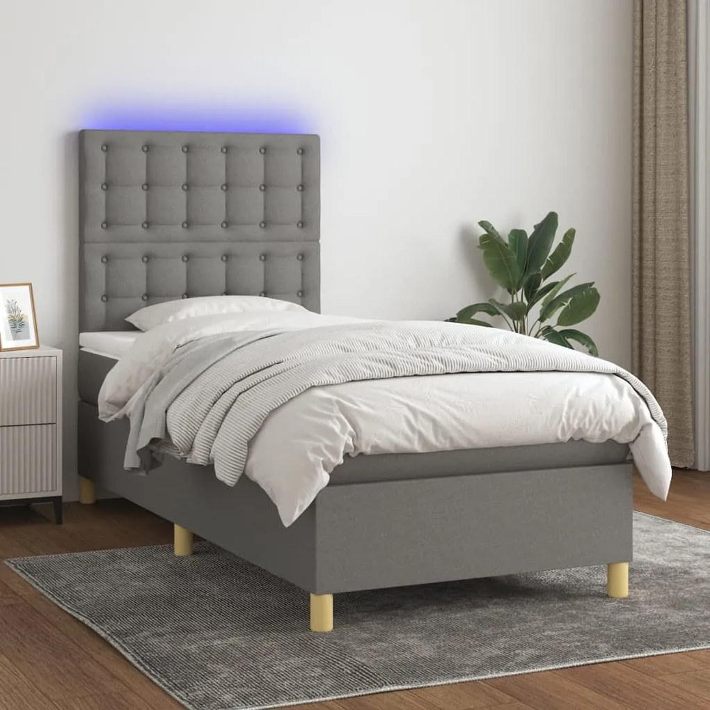 Κρεβάτι Boxspring με Στρώμα &amp; LED Σκ.Γκρι 90x200 εκ. Υφασμάτινο