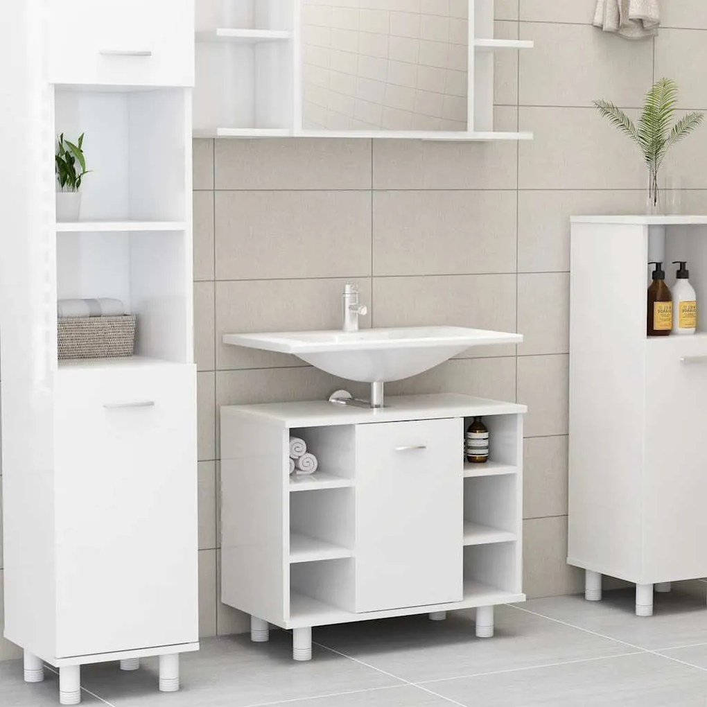 vidaXL Ντουλάπι Νιπτήρα Γυαλιστερό Λευκό 60x32x53,5 εκ. Επεξ. Ξύλο