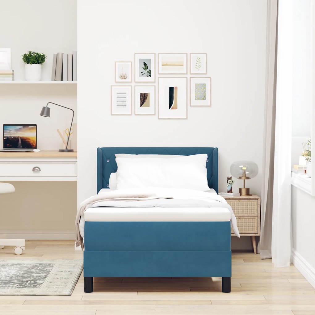 vidaXL κρεβάτι Box Spring με στρώμα Σκούρο Μπλε 90x190 εκ Βελούδο